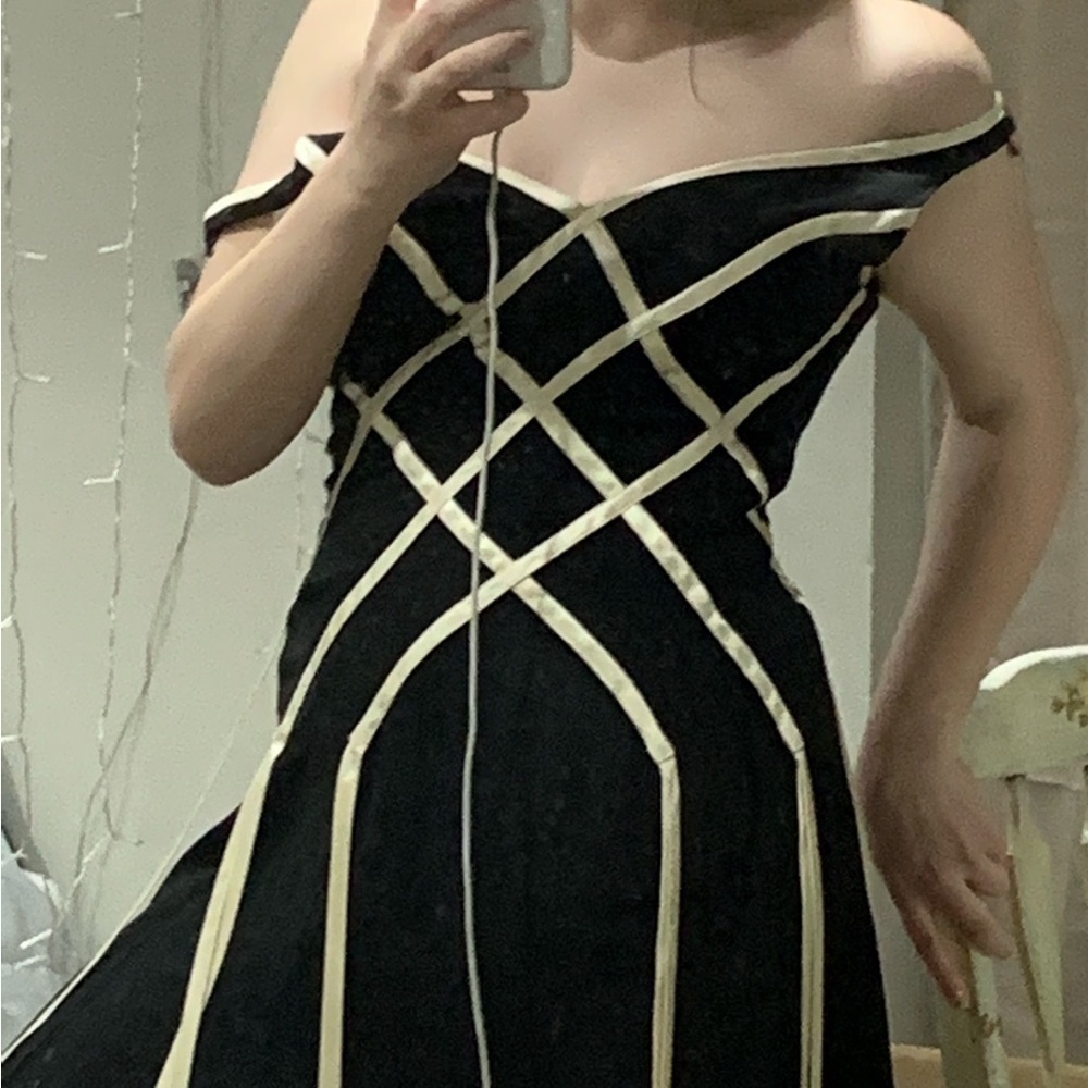 Papell Boutique Black and Cream Midi Dress